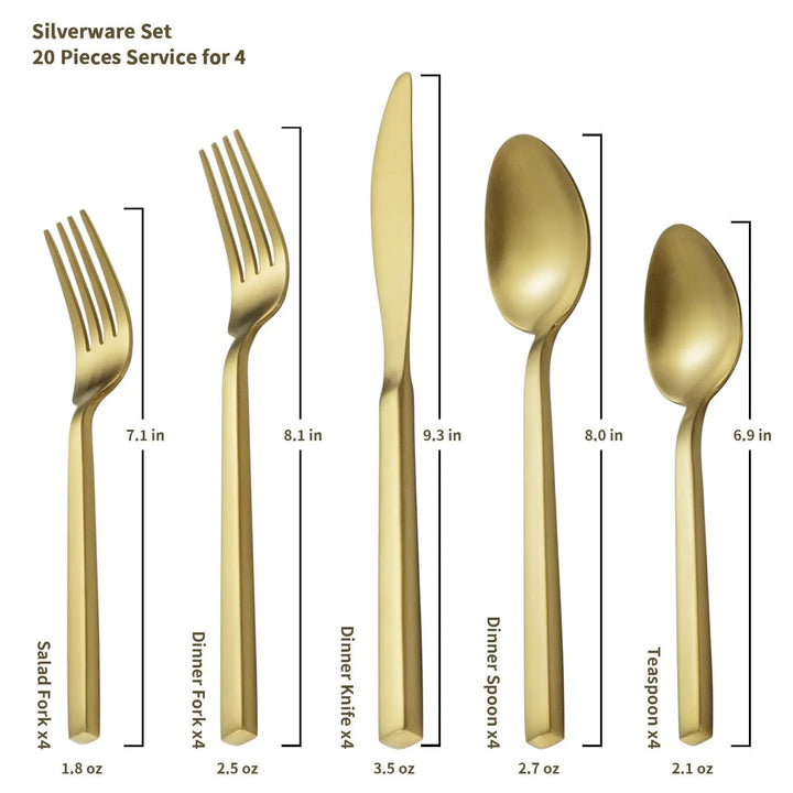 Alata Cube Gold 20-Piece Forged Stainless Steel Matte Flatware Set for 4
