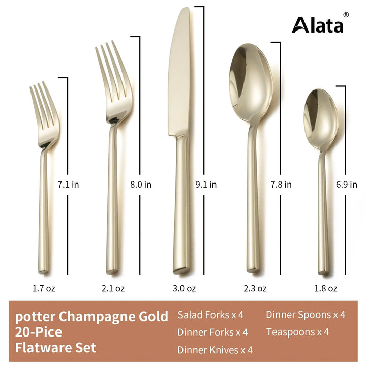 Alata Potter Champagne Gold 20-Piece Forged Silverware Set, Service for 4