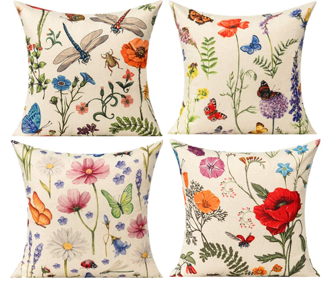All Smiles Outdoor Patio Throw Pillow Covers 18x18 Set of 4 Spring Summer Garden Flowers Farmhouse Décor Outside Furniture Bench Chair Decorative Cushion Cases for Swing Deep Seat Bed Couch Sofa 