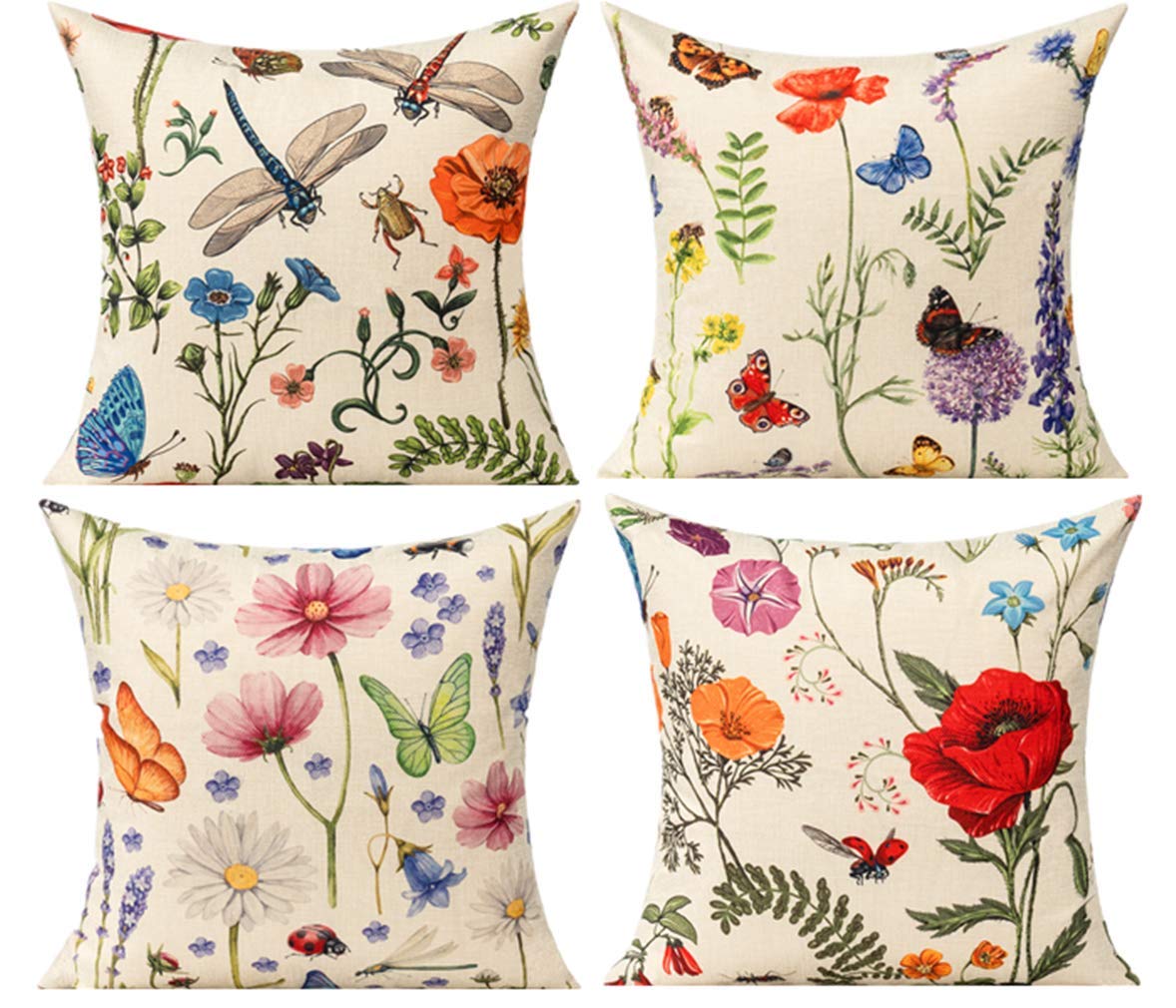 All Smiles Outdoor Patio Throw Pillow Covers 18x18 Set of 4 Spring Summer Garden Flowers Farmhouse Décor Outside Furniture Bench Chair Decorative Cushion Cases for Swing Deep Seat Bed Couch Sofa 