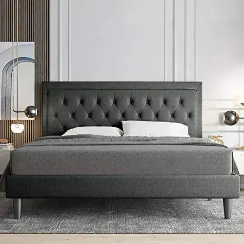 Allewie Fabric Upholstered Platform Bed Frame with Diamond Button Tufted Design - Dark Grey