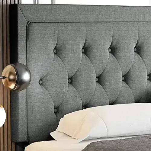 Allewie Fabric Upholstered Platform Bed Frame with Diamond Button Tufted Design - Dark Grey
