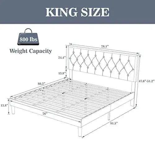 Allewie Fabric Upholstered Platform Bed Frame with Diamond Button Tufted Design - Dark Grey