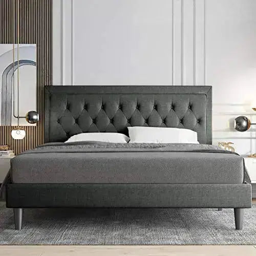 Allewie Fabric Upholstered Platform Bed Frame with Diamond Button Tufted Design - Dark Grey