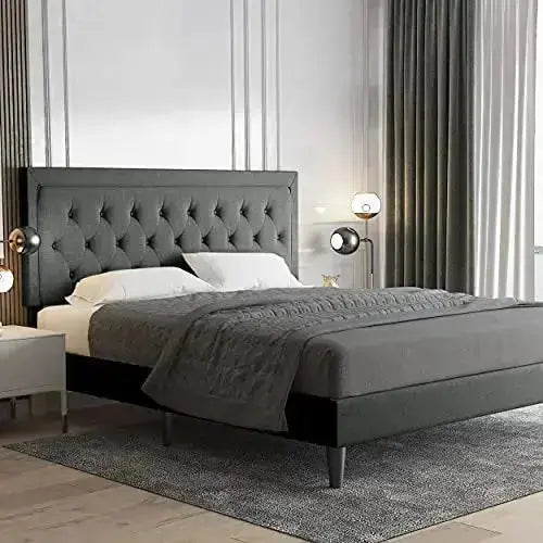 Allewie Fabric Upholstered Platform Bed Frame with Diamond Button Tufted Design - Dark Grey