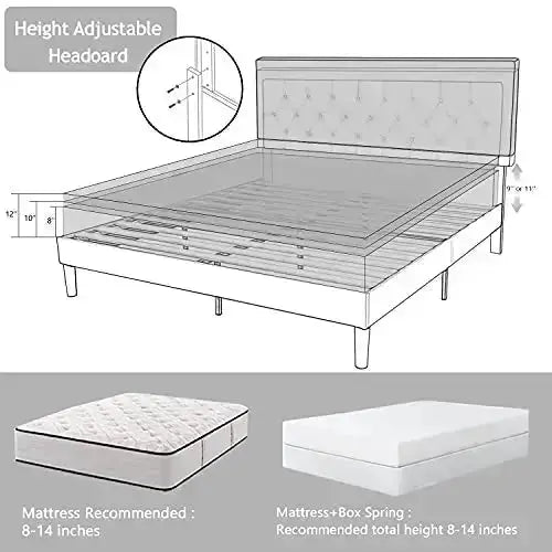 Allewie Fabric Upholstered Platform Bed Frame with Diamond Button Tufted Design - Dark Grey