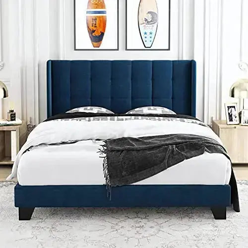 Allewie Modern Platform Bed Frame with Wingback, Upholstered Square Stitched Design - Navy Blue