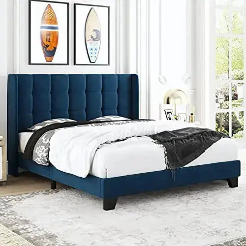 Allewie Modern Platform Bed Frame with Wingback, Upholstered Square Stitched Design - Navy Blue