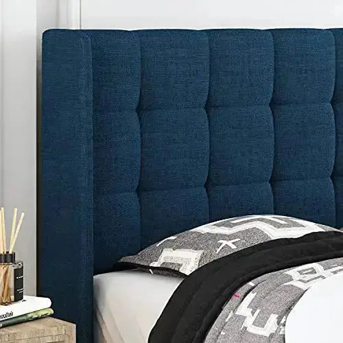 Allewie Modern Platform Bed Frame with Wingback, Upholstered Square Stitched Design - Navy Blue