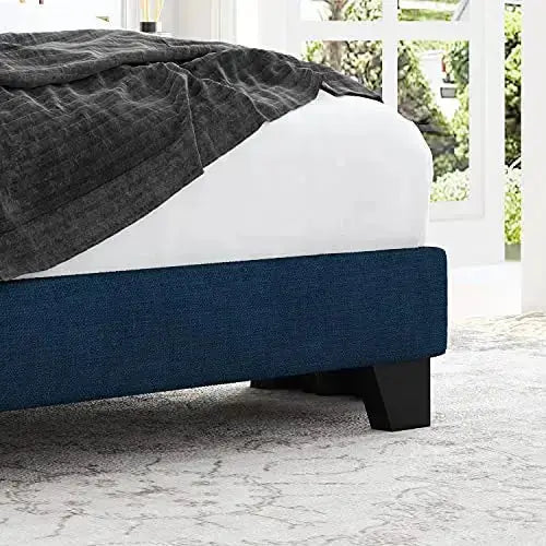 Allewie Modern Platform Bed Frame with Wingback, Upholstered Square Stitched Design - Navy Blue