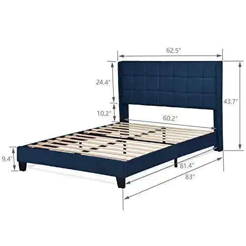 Allewie Modern Platform Bed Frame with Wingback, Upholstered Square Stitched Design - Navy Blue