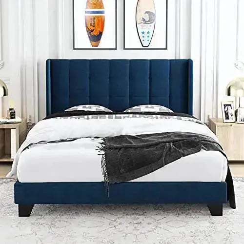 Allewie Modern Platform Bed Frame with Wingback, Upholstered Square Stitched Design - Navy Blue