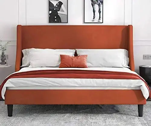 Allewie Modern Upholstered Platform Bed Frame with Deluxe Wingback - Burnt Orange