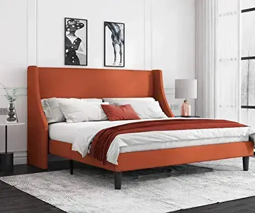 Allewie Modern Upholstered Platform Bed Frame with Deluxe Wingback - Burnt Orange