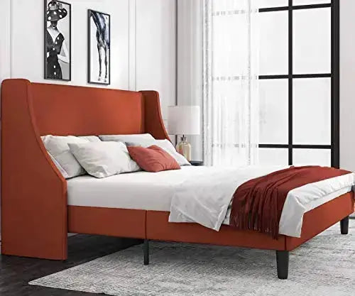 Allewie Modern Upholstered Platform Bed Frame with Deluxe Wingback - Burnt Orange