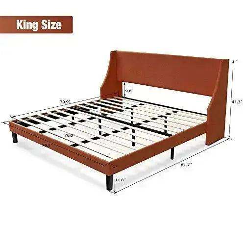 Allewie Modern Upholstered Platform Bed Frame with Deluxe Wingback - Burnt Orange