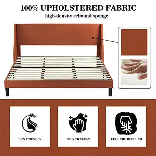 Allewie Modern Upholstered Platform Bed Frame with Deluxe Wingback - Burnt Orange