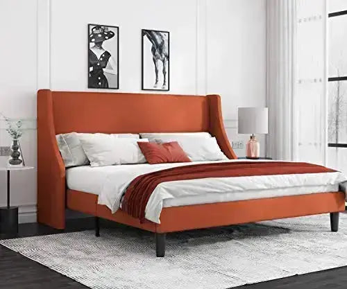 Allewie Modern Upholstered Platform Bed Frame with Deluxe Wingback - Burnt Orange