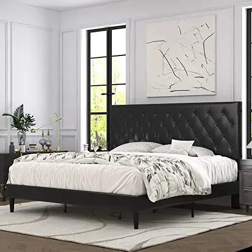 Allewie Platform Bed, Tufted Faux Leather, Wood Slats - Black