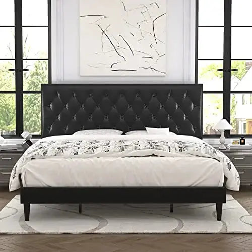 Allewie Platform Bed, Tufted Faux Leather, Wood Slats - Black