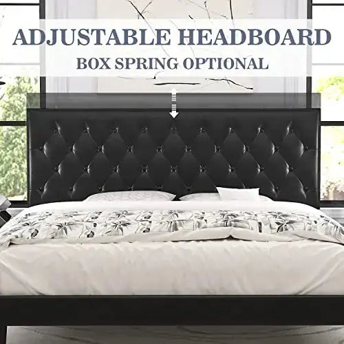 Allewie Platform Bed, Tufted Faux Leather, Wood Slats - Black