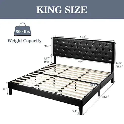 Allewie Platform Bed, Tufted Faux Leather, Wood Slats - Black