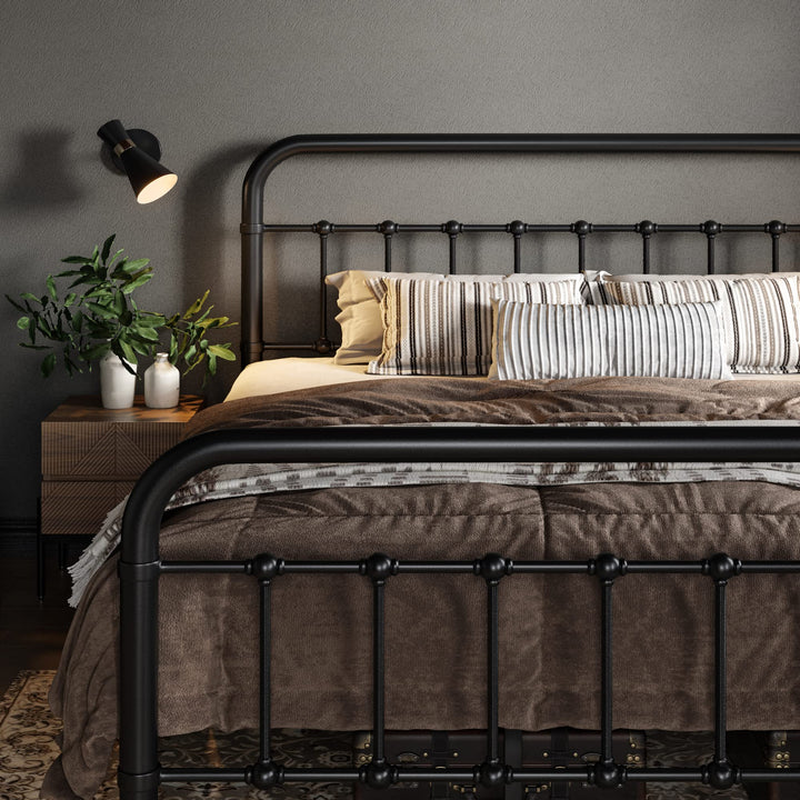 Allewie Queen Metal Bed Frame with Victorian Iron-Art Headboard, Black 