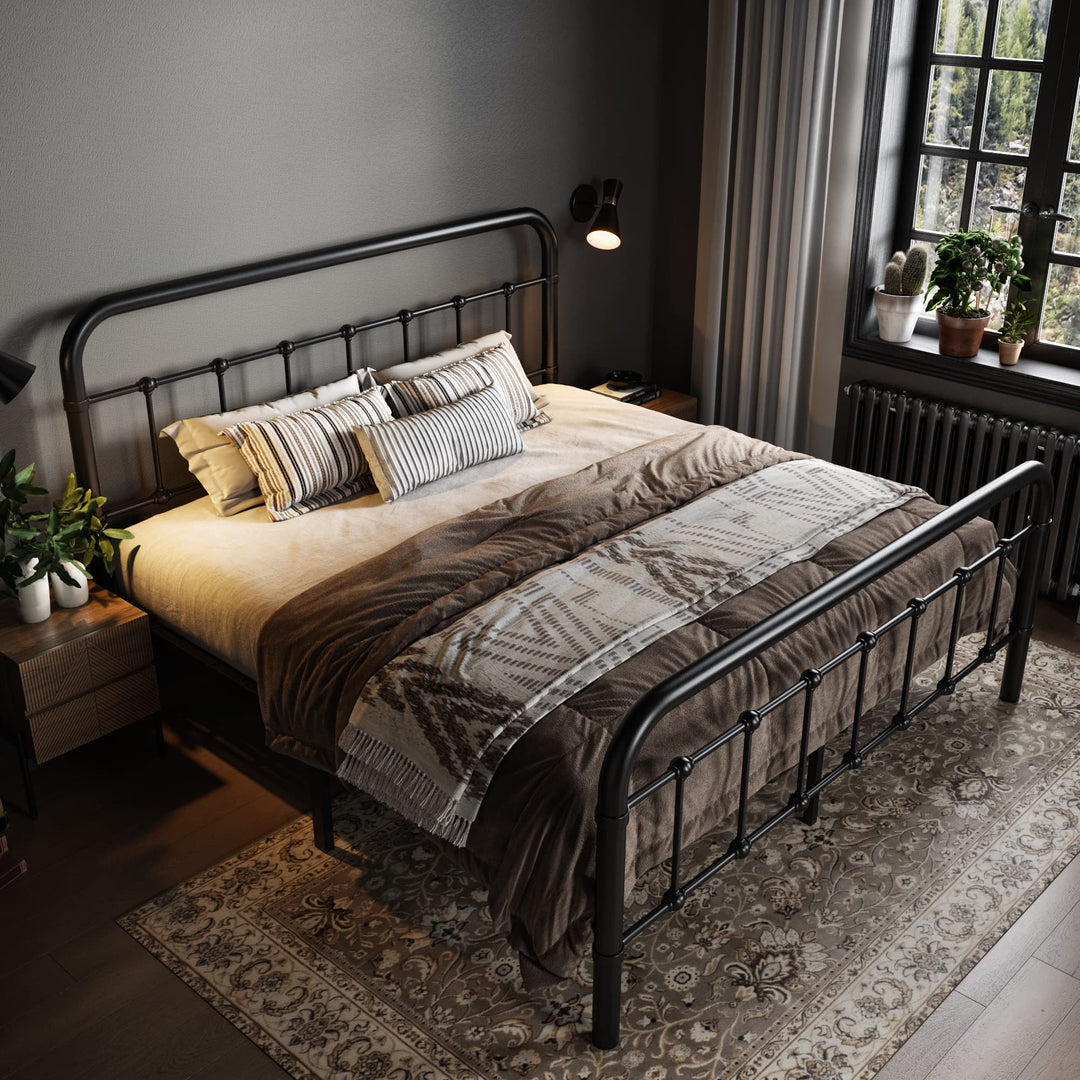 Allewie Queen Metal Bed Frame with Victorian Iron-Art Headboard, Black 