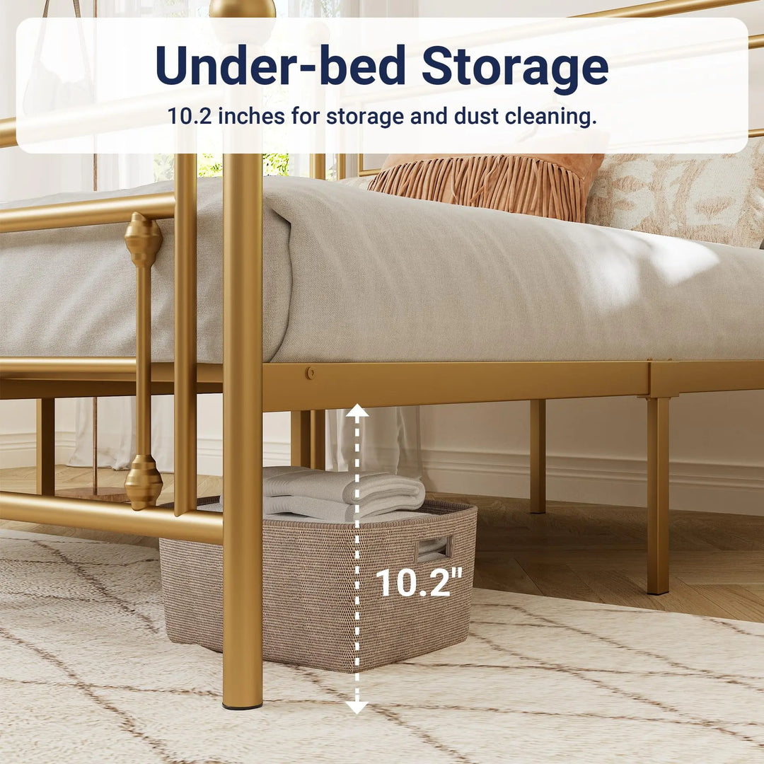 Allewie Queen Size Metal Platform Bed Frame, Victorian Headboard, Gold 