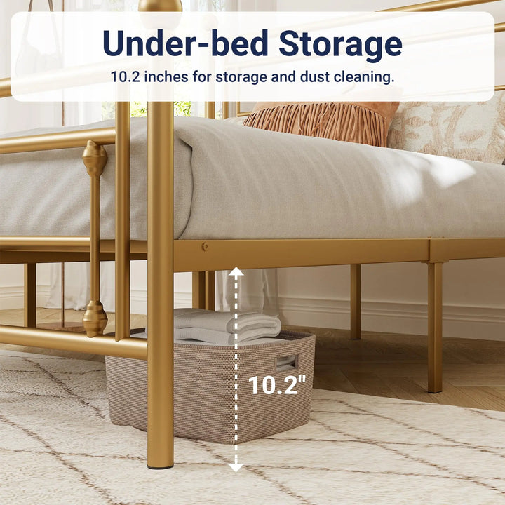 Allewie Queen Size Metal Platform Bed Frame, Victorian Headboard, Gold 