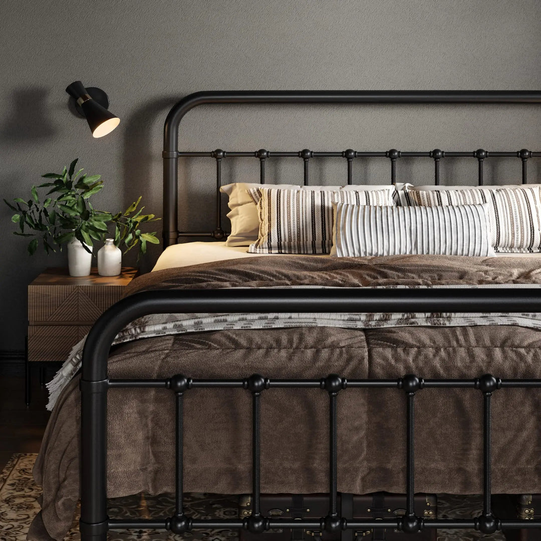 Allewie Queen Metal Bed Frame with Victorian Iron-Art Headboard, Black 