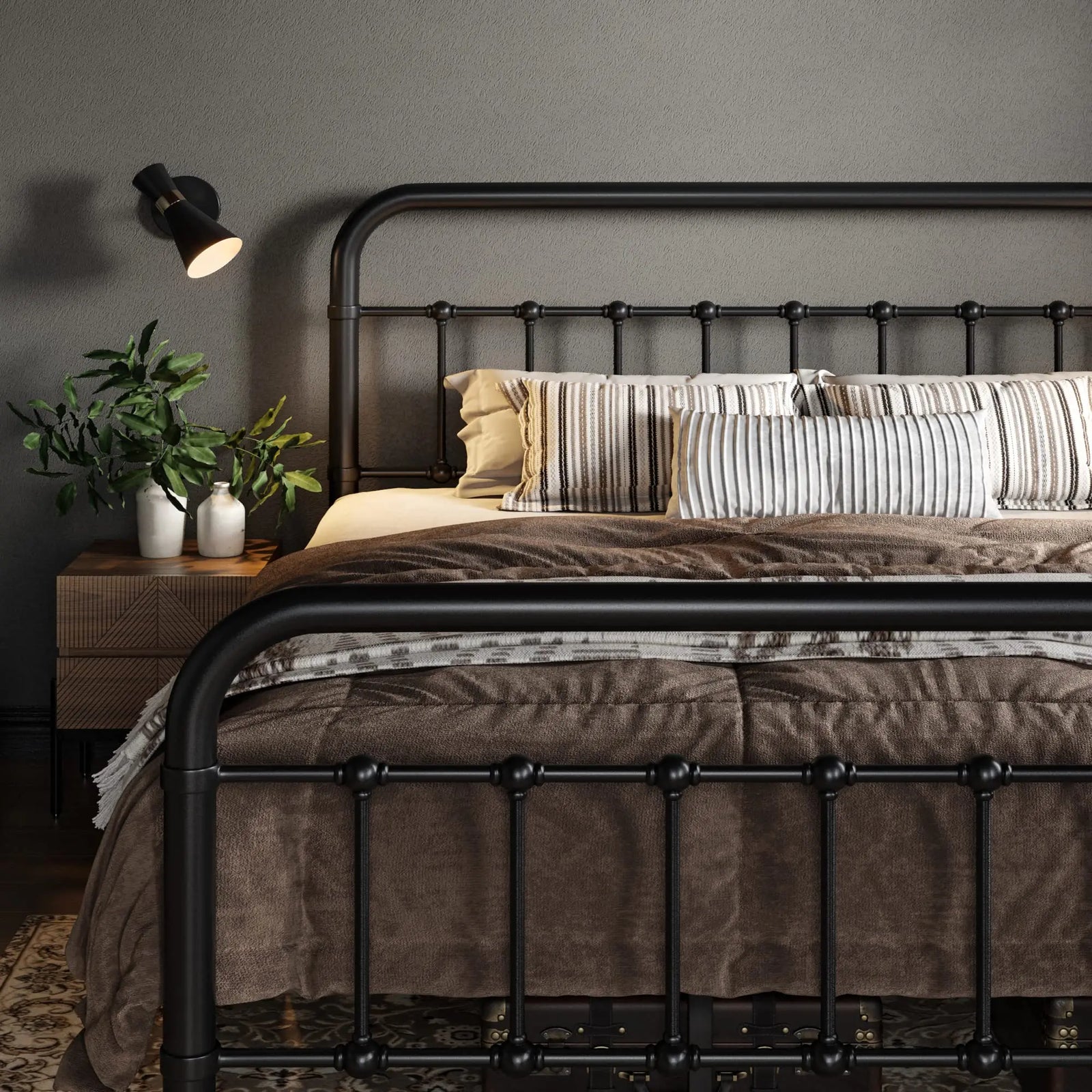 Allewie Queen Metal Bed Frame with Victorian Iron-Art Headboard, Black 