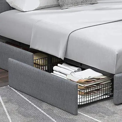 Allewie Queen Platform Bed Frame with 4 Drawers Storage - Light Grey