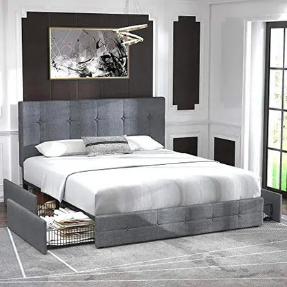 Allewie Queen Platform Bed Frame with 4 Drawers Storage - Light Grey