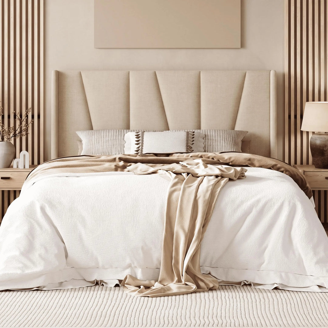 Allewie Queen Size Platform Velvet Bed Frame with Headboard, Beige 