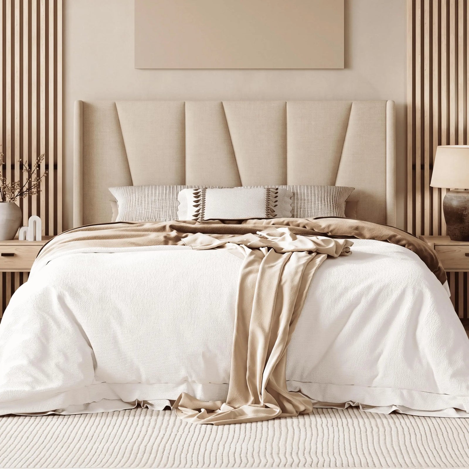 Allewie Queen Size Platform Velvet Bed Frame with Headboard, Beige 