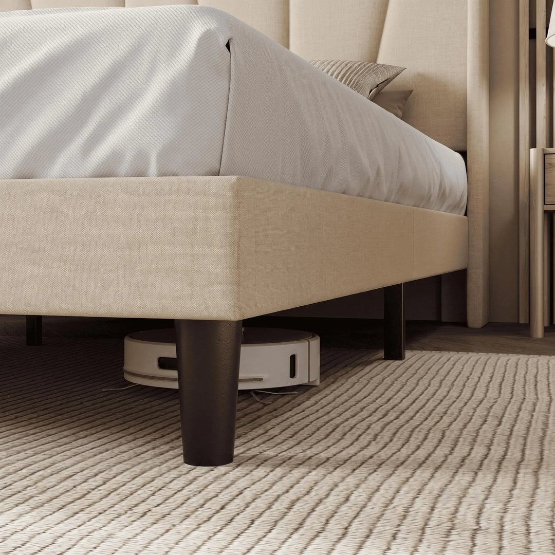 Allewie Queen Size Platform Velvet Bed Frame with Headboard, Beige 