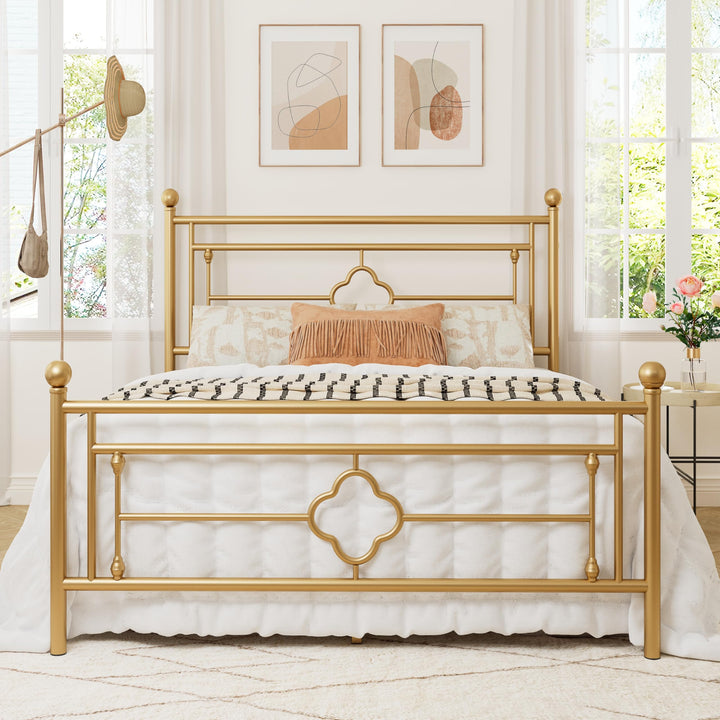 Allewie Queen Size Metal Platform Bed Frame, Victorian Headboard, Gold 