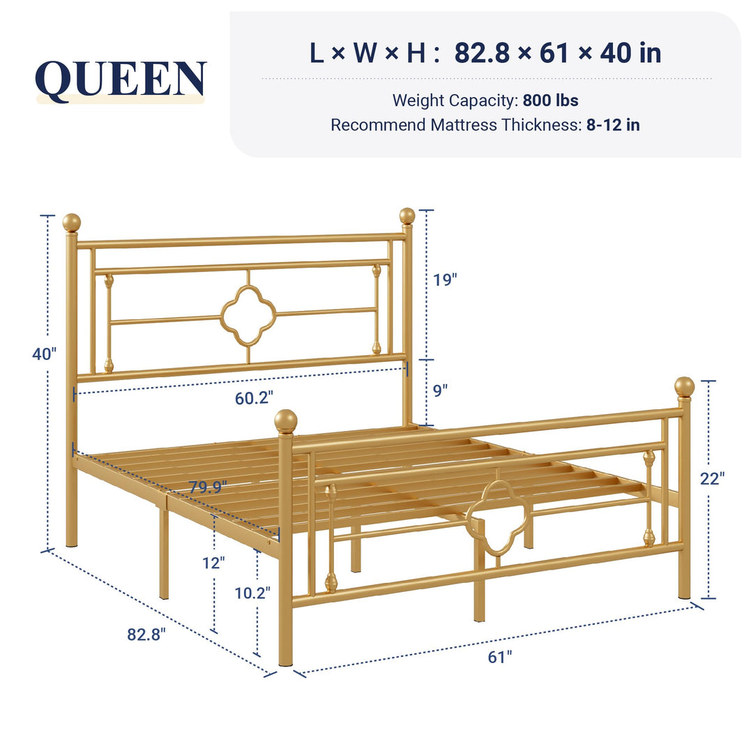 Allewie Queen Size Metal Platform Bed Frame, Victorian Headboard, Gold 