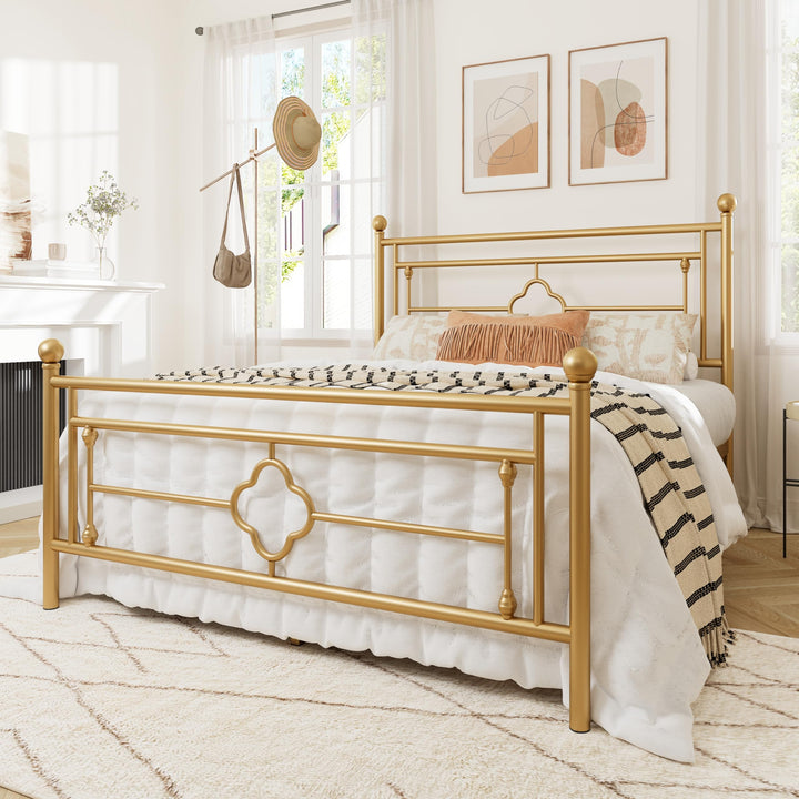 Allewie Queen Size Metal Platform Bed Frame, Victorian Headboard, Gold 