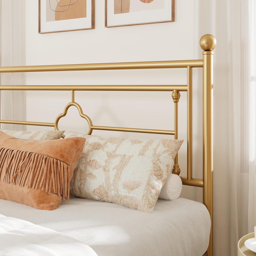 Allewie Queen Size Metal Platform Bed Frame, Victorian Headboard, Gold 
