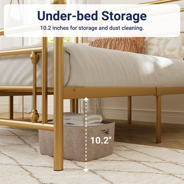 Allewie Queen Size Metal Platform Bed Frame, Victorian Headboard, Gold 