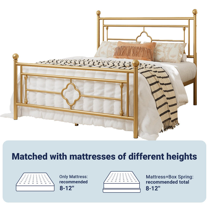 Allewie Queen Size Metal Platform Bed Frame, Victorian Headboard, Gold 