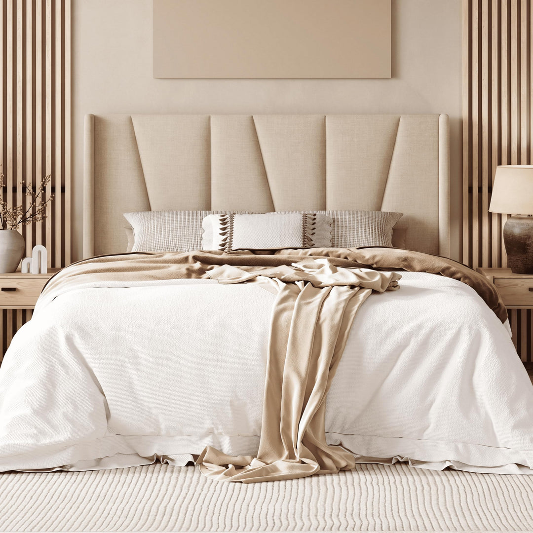 Allewie Queen Size Platform Velvet Bed Frame with Headboard, Beige 