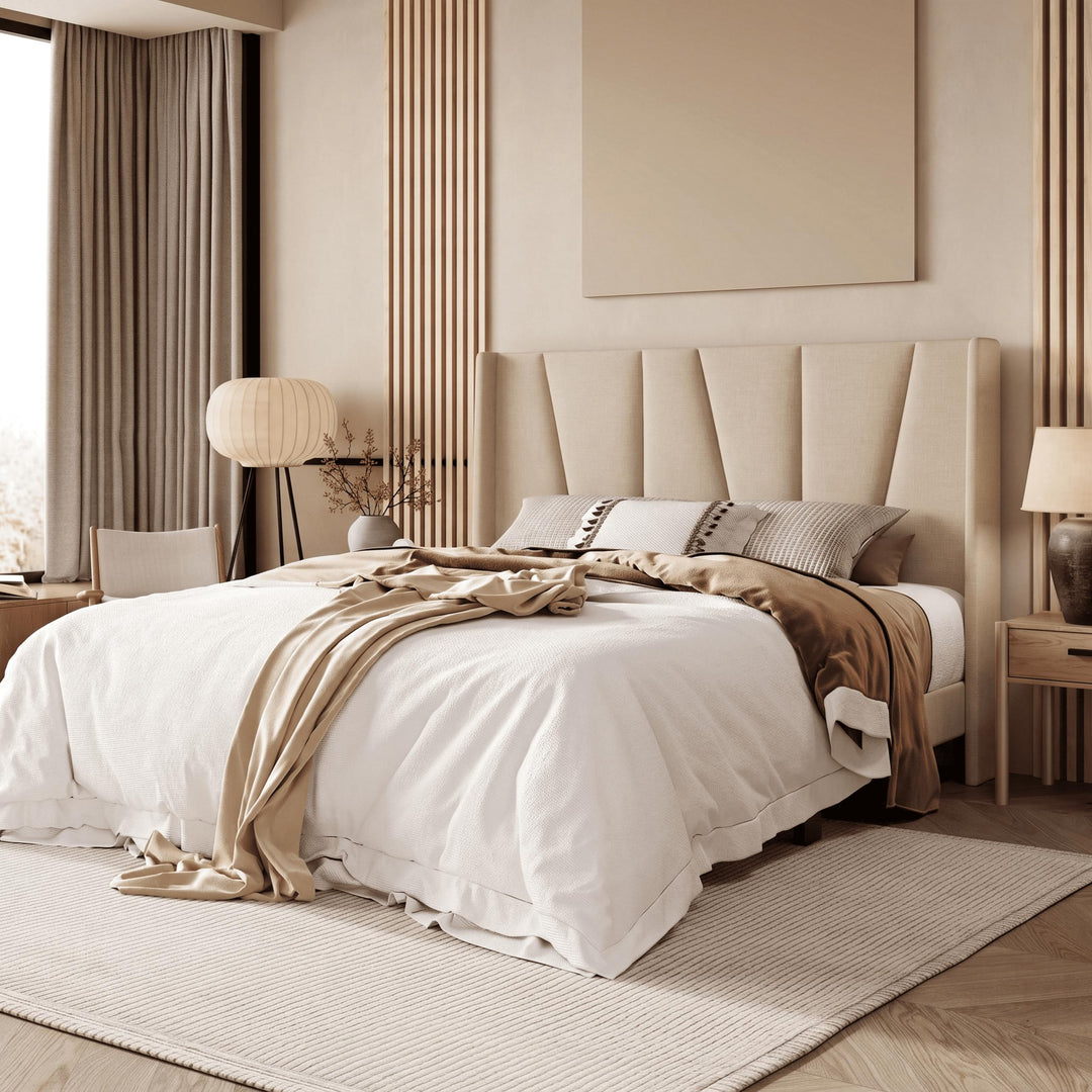 Allewie Queen Size Platform Velvet Bed Frame with Headboard, Beige 