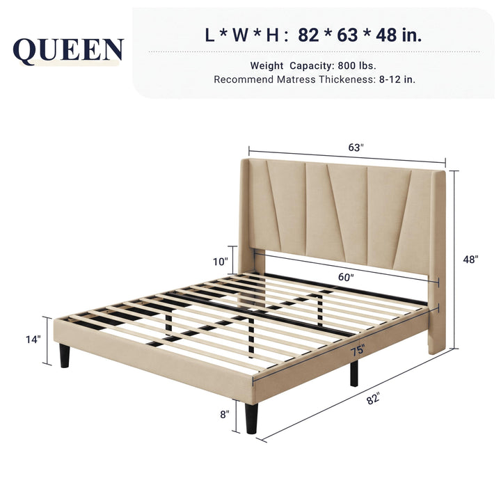 Allewie Queen Size Platform Velvet Bed Frame with Headboard, Beige 