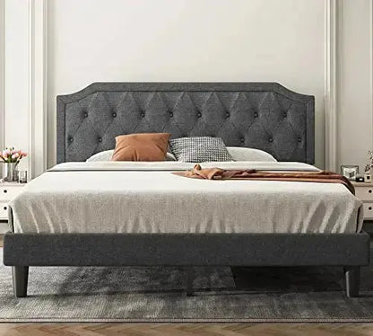 Allewie Upholstered Platform Bed Frame with Diamond Button Tufted Design - Dark Grey