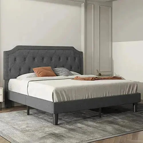 Allewie Upholstered Platform Bed Frame with Diamond Button Tufted Design - Dark Grey