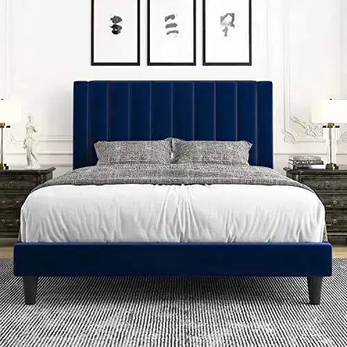 Allewie Velvet Upholstered Platform Bed Frame with Tufted Design - Navy Blue