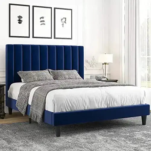 Allewie Velvet Upholstered Platform Bed Frame with Tufted Design - Navy Blue